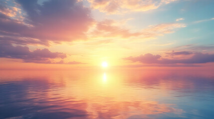 Fototapeta premium A colorful sunset over a calm ocean with clouds reflecting in the water.