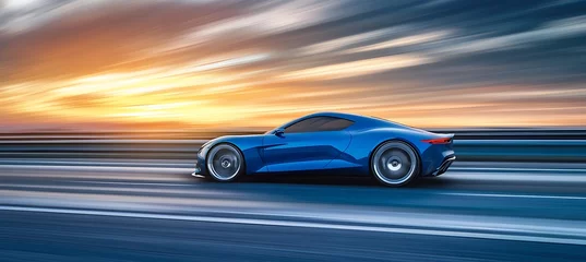 Fototapete Blue Sports Car Speeds Through Sunset Landscape © MD