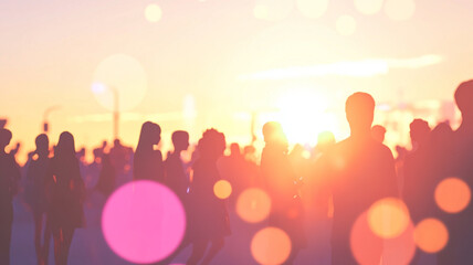 Silhouettes of people in vibrant sunset, creating an abstract human crowd concept. warm colors and soft bokeh effect evoke sense of connection and community