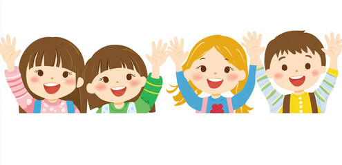 Fototapeta premium Happy children waving at camera, showcasing joy and friendship. Their cheerful expressions and playful poses create delightful atmosphere