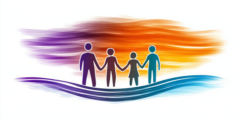 colorful illustration of group of people holding hands, symbolizing unity and togetherness. vibrant background features flowing colors that evoke sense of harmony and connection