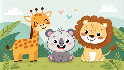 Obraz premium Playful Cartoon Animals in Vibrant Flat Design