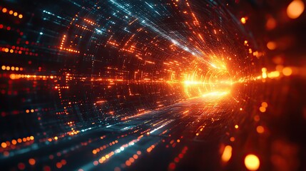 Obraz premium Modern abstract visuals depict high-speed movement with dynamic light and fast arrows on a dark background, representing technological advancements.