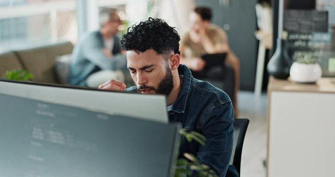 Man, eye strain and computer in office, pain and employee burnout at startup business. Male person, coworking workplace and frustrated for glare on monitor, tension migraine and tired professional