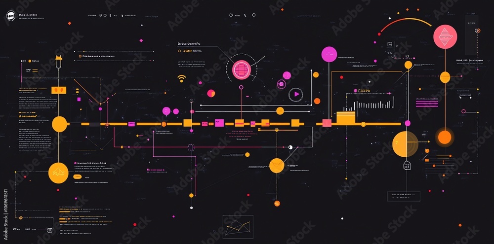 Poster Abstract digital illustration with a complex network of lines, circles, and squares on a dark background.