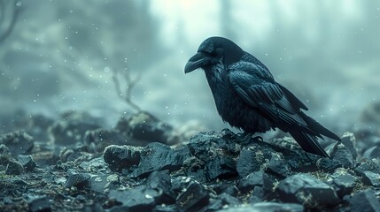 Raven in a Misty Forest: A Dark and Mysterious Bird