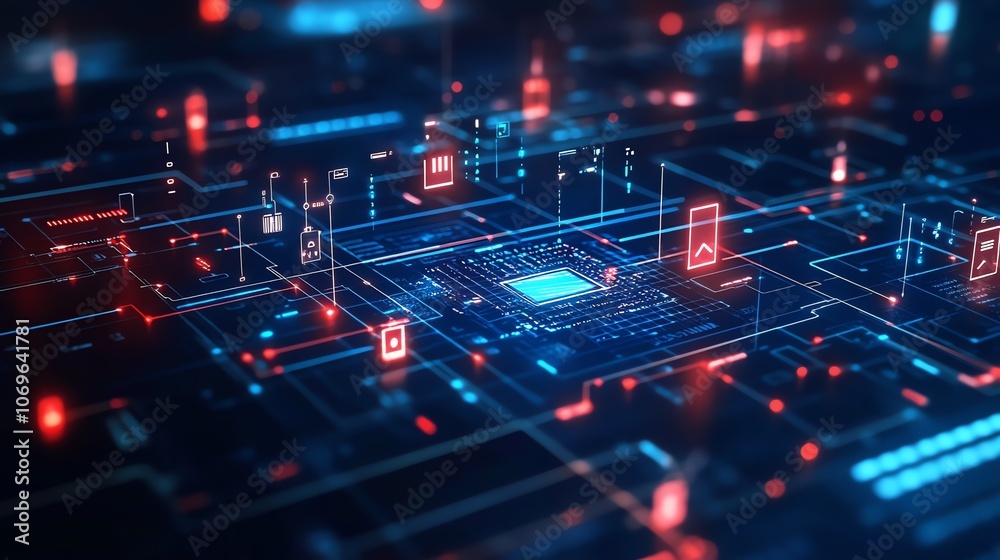 Poster Abstract digital network with glowing circuit board and icons.