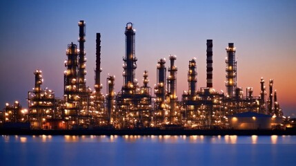 Obraz premium Oil refinery at twilight, petrochemical industry, petrochemical plant.