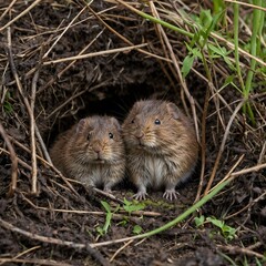 Watchful Water Vole Family by the Flowing Stream