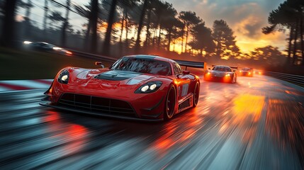 Motorsport cars racing on a track with motion blur, 3D rendered for a dynamic racing scene.