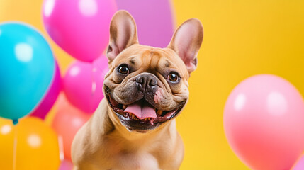 Happy French Bulldog with colorful balloons in a bright setting celebrating a joyful occasion