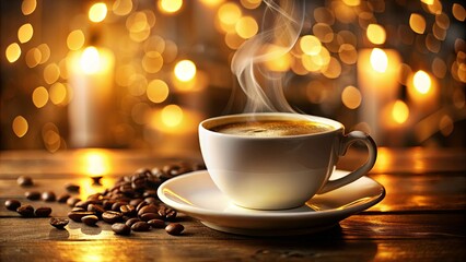 Obraz premium Warmth and Comfort A Steaming Cup of Coffee on a Wooden Table with a Softly Glowing Background