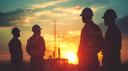 Workers silhouetted against a sunset, highlighting industry and teamwork.