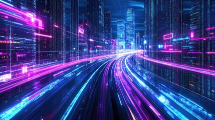 Futuristic Neon Cityscape with Dynamic Light Trails and Skyscrapers at Night