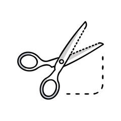Scissors Icon with Dotted Cutting Line, Illustration of open scissors with a dotted line, representing cutting, crafting, and editing tasks in a minimal design.
