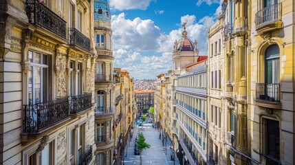 Naklejka premium A scenic view of a vibrant city street lined with elegant buildings under a blue sky.