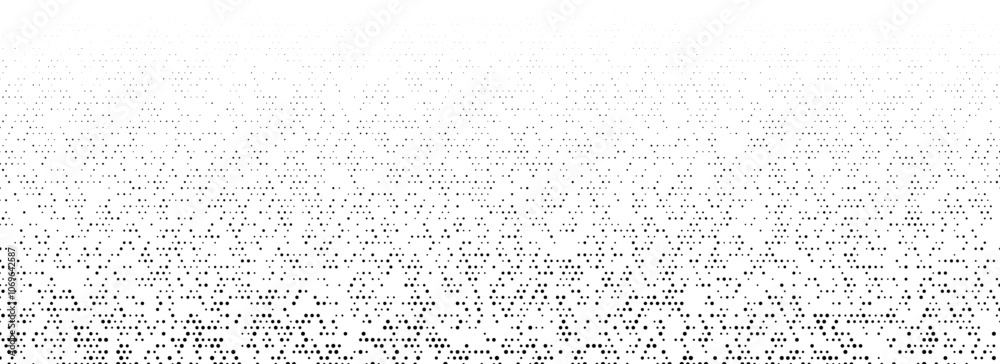 Poster Black dotted noise gradient texture. Fading comic pixel grain pattern. Dissolving grunge particle grid wallpaper. Irregular grain overlay backdrop. Vector stippling speckle halftone background