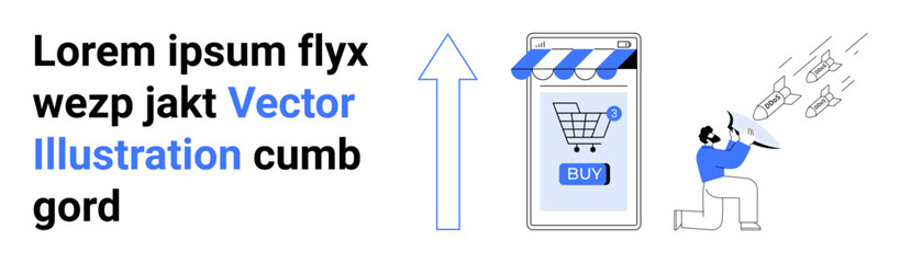 Smartphone showing an online store, blue upward arrow, person walking with shopping bags. Ideal for e-commerce, mobile apps, retail websites, marketing materials, business presentations, user