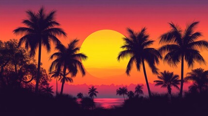 Fototapeta premium A vibrant sunset over a beach with silhouettes of palm trees.