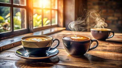 Fototapeta premium Two Steaming Cups of Coffee on a Rustic Wooden Table Near a Window with Soft Sunlight Filtering Through