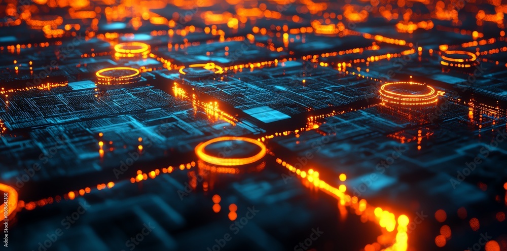 Poster abstract futuristic digital circuit board with glowing orange lines.