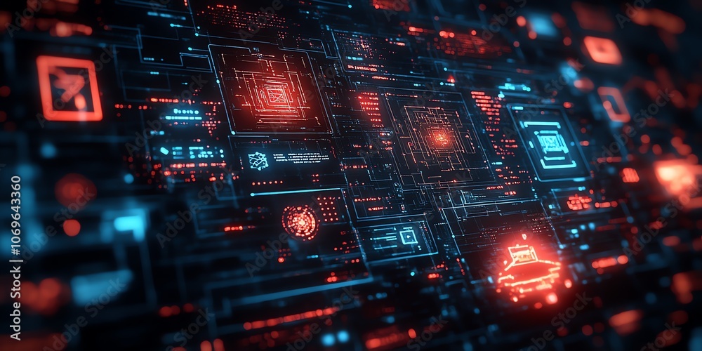 Poster Abstract futuristic digital interface background with glowing red and blue data streams and symbols.