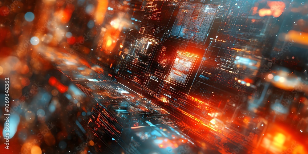 Poster abstract futuristic digital interface with glowing red and blue lights.
