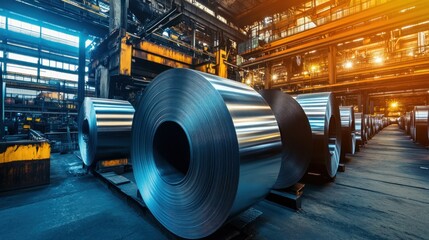 Fototapeta premium A large industrial facility with rolls of shiny steel coils ready for processing.