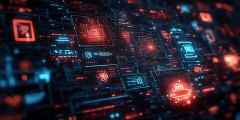 Abstract futuristic digital interface background with glowing red and blue data streams and symbols.