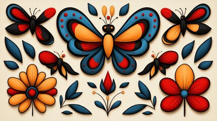 Fototapeta premium Colorful Butterfly Flower Tattoo Design Floral Art Nature Illustration Vintage Style