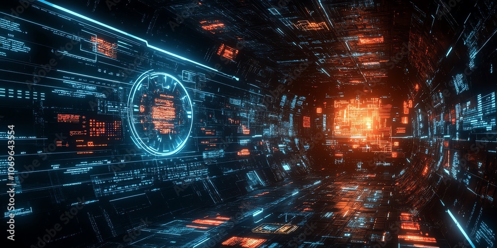 Poster abstract futuristic tunnel with blue and orange glowing lines and data.