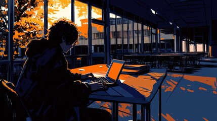 Obraz premium Silhouetted Student Working on Laptop in Modern Library with Sunset View