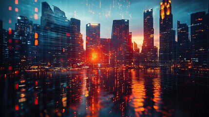 Obraz premium Panoramic view of downtown Singapore skyscrapers, with a digital trading interface overlaid.