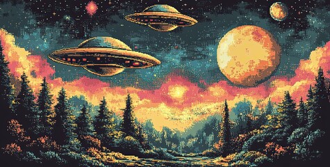 Pixel art icons of UFOs, spaceships, and planets evoke a retro arcade game style from the 80s and 90s.