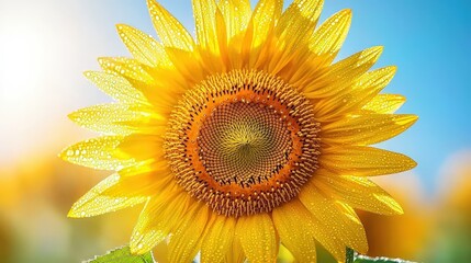 Vibrant Yellow Sunflower with Dew Drops   Close Up Photography