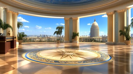 Obraz premium Luxury Penthouse Suite Balcony Cityscape View Sunlit Floor Classical Architecture