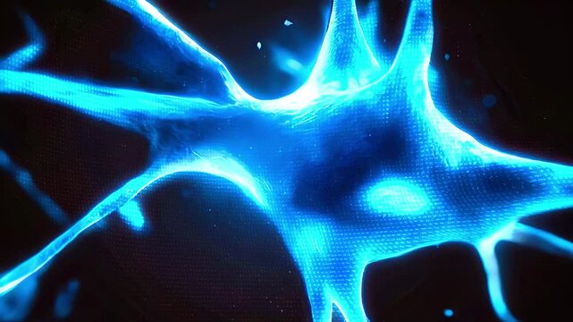 3D illustration of a glowing blue neuron with its intricate network of dendrites and axons.