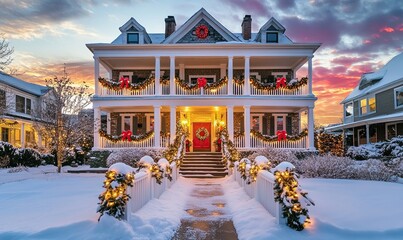 Fototapeta premium A grand Victorian home with a festive Christmas decor, glowing with warm lights, set against a backdrop of a vibrant sunset sky. The snow-covered lawn adds to the winter charm.