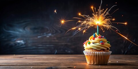 A celebratory cupcake adorned with colorful sprinkles and a sparkling firework candle on a wooden table against a dark background.