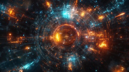 A futuristic quantum AI interface, showing visualizations of quantum algorithms and data being processed in real-time, colorful visual effects, and glowing holograms