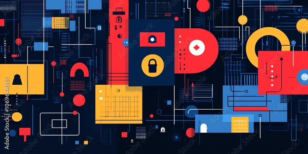 Poster Abstract geometric pattern with connecting lines and circles in red, yellow, and blue on a dark background.