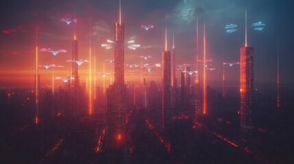 Fototapeta premium A futuristic quantum-powered city with towering skyscrapers glowing with quantum technology, connected by luminous energy lines, with drones and AI systems optimizing the environment in real-time