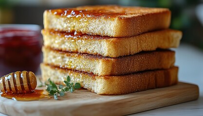 Preparing a breakfast toast with crispy bread next to honey and jam on a white kitchen table.