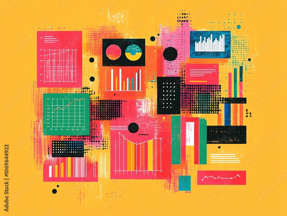 Poster Abstract graphic with colorful charts and graphs on yellow background.