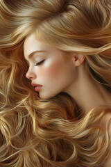 Naklejka premium Elegant Woman with Golden Wavy Hair in Serene Beauty Portrait