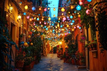 Naklejka premium A narrow cobblestone street adorned with colorful string lights, creating a festive and warm ambiance.