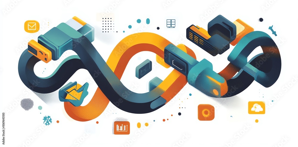 Aufkleber Abstract illustration of a black and orange infinite loop with various technology icons on a white background.