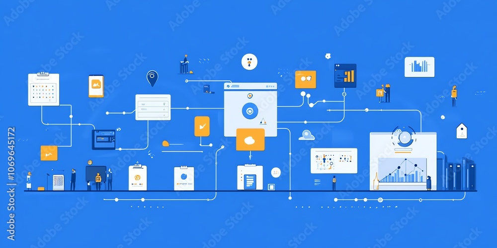 Poster Abstract illustration of a complex business process with icons and a network of connections.