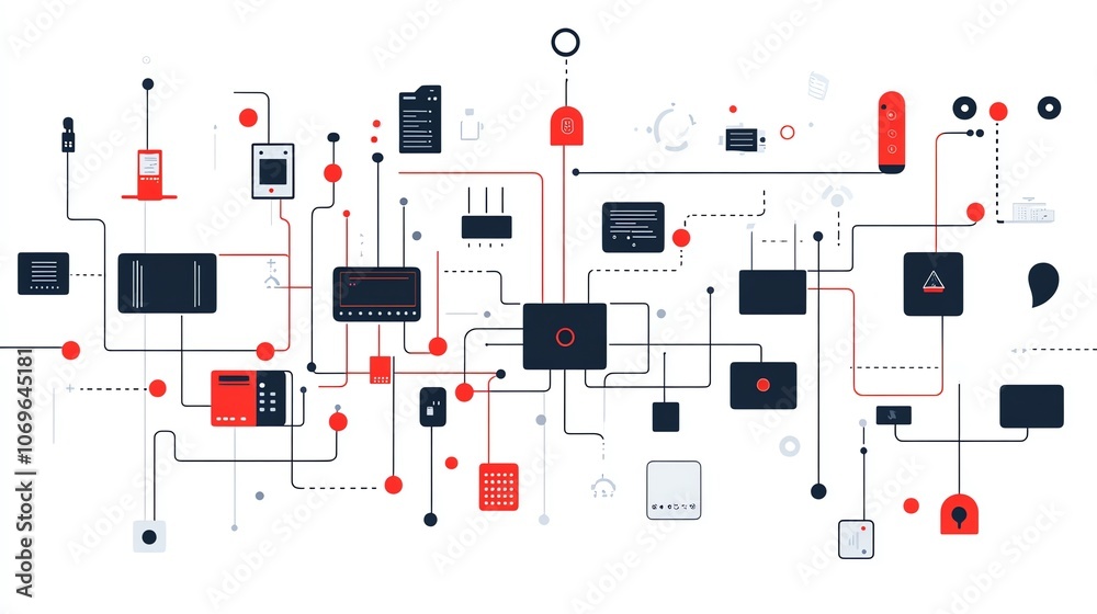 Poster abstract illustration of a network of connected devices and systems, representing the internet of th