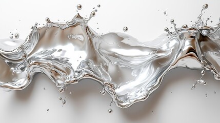 Realistic 3D rendering of liquid metal drops, creating artistic chrome paint splashes on a transparent background.